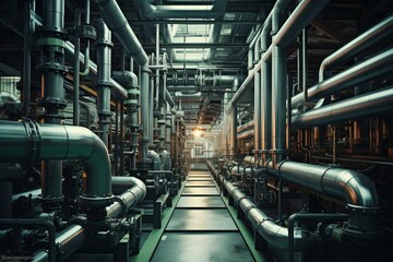An area with steel pipes, valves, and pumps for industrial purposes. A complex network of pipes in a manufacturing facility. Generative AI