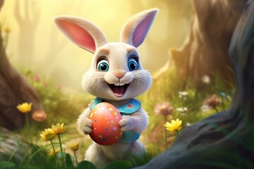 Cheerful rabbit holding colorful Easter egg. Generative AI