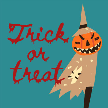 Creepy Jack-o-lantern pumpkin strawman, boogey scary smiles, Trick or Treat dripping bloody text. Halloween card design.