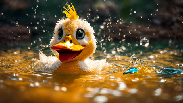 Cute cartoon duck swimming in the water
