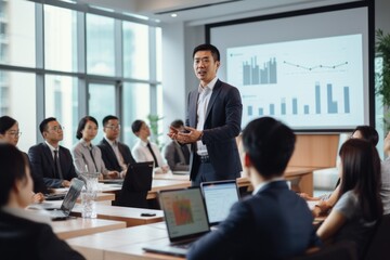 Asian businessman making business presentation at a conference room - obrazy, fototapety, plakaty