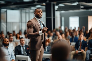 A black businessman making business presentation at a conference room - obrazy, fototapety, plakaty