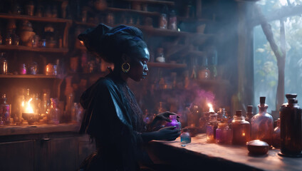 Ai generative image of a Caribbean herbalist inside her wooden cabin in a magical environment with potion bottles and jars.  - obrazy, fototapety, plakaty