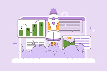 Spaceship launch with graphs and charts on laptop screen. Successful business start up, launching new project. Hand drawn vector illustration isolated on purple background, modern flat cartoon style
