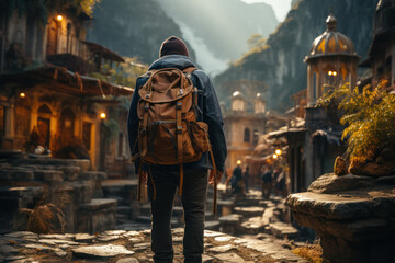 A globe-trotter with a backpack, exploring the world and gaining experiential knowledge. Concept of...