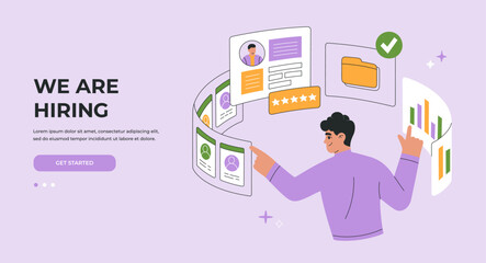 Recruitment, hiring employees concept. Selection the best candidate for job vacancy. CV resume analysis. Landing page template. Vector illustration isolated on purple background, flat cartoon style