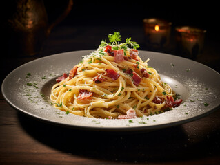 Close - up of spaghetti carbonara with pancetta and a sprinkling of pecorino cheese, illuminated by soft, natural window light