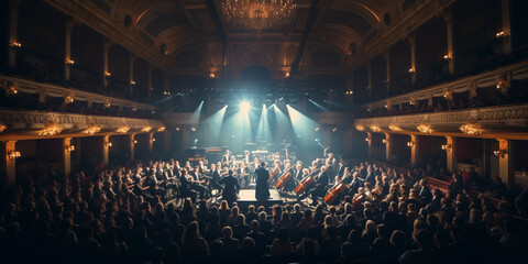 entire orchestra, in a historic concert hall, chandeliers overhead, audience in soft focus,...