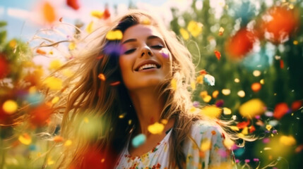 Happy girl in flying petals like those that it's snowing in spring. She rejoices in the coming of spring. Spring vibes. Emotional lifestyle portrait. Selective focus - obrazy, fototapety, plakaty