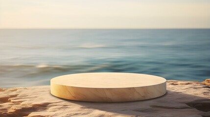 Fototapeta na wymiar Round Stone Podium in light yellow Colors in front of a blurred Seascape. Luxury Backdrop for Product Presentation