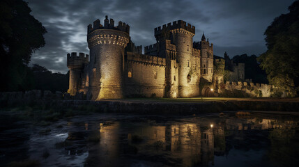 medieval castle at dusk, surrounded by a moat, stone walls intact, torches lit, warm ambient lighting