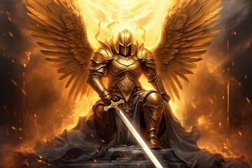 Golden Angel Knight with Full Armor and Sword. Heaven Guardian