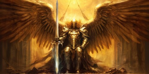 Golden Angel Knight with Full Armor and Sword. Heaven Guardian