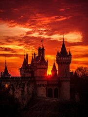 Obraz premium Sunset over medieval castle, silhouette of castle towers and spires against a fiery orange sky, vivid colors