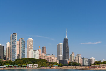 A view of Downtown skyscrapers of Chicago skyline panorama over Lake Michigan at daytime, Chicago, Illinois, USA
