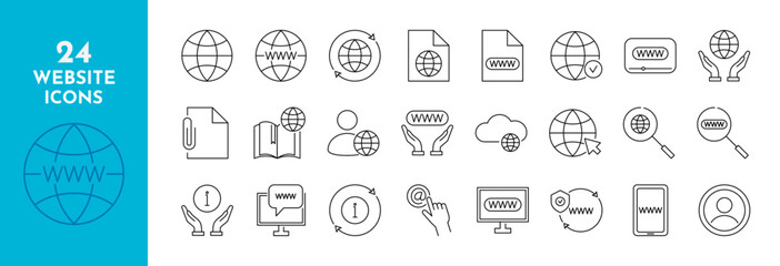 Website and internet line icons set. Www, internet, technology, people, mail, profile, person, computer, phone, magnifier, clouds, click. Isolated on a white background. Vector stock illustration.