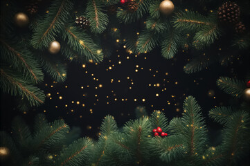 Christmas background of fir branches outdoors during snowfall with black copy space