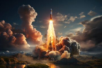 A rocket launching into the sky, symbolizing human achievement in space exploration. Concept of scientific progress. Generative Ai.