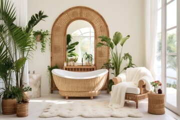 Boho style bathroom  interior with rattan furniture and greenery  filled with light