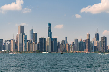 Fototapeta na wymiar A view of Downtown skyscrapers of Chicago skyline panorama over Lake Michigan at daytime, Chicago, Illinois, USA