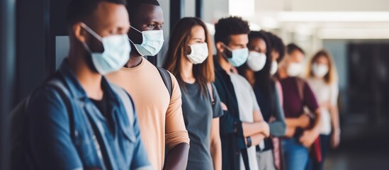 Young people queuing practicing social distancing wearing masks - Normal lifestyle concept - obrazy, fototapety, plakaty