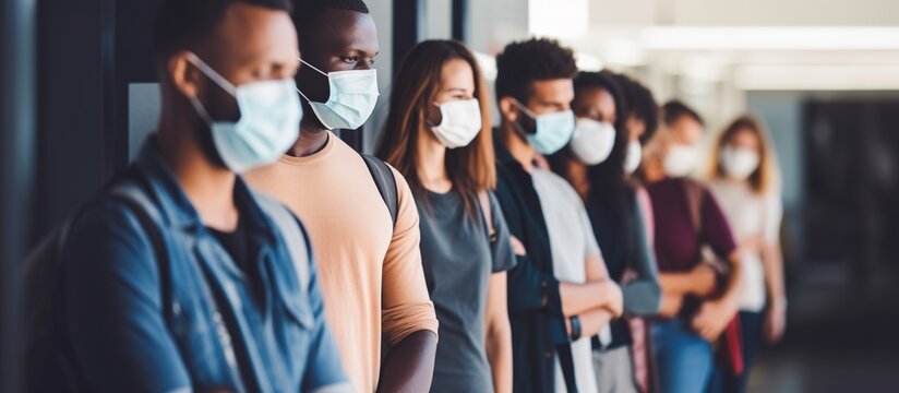 Young people queuing practicing social distancing wearing masks - Normal lifestyle concept