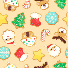 Christmas sugar cookies seamless pattern. Cute gingerbread biscuits on tan background. Winter sugar cookie shapes with bright icing repeat design. For textile print, home decor cloth, wrapping paper. 