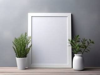 Empty photo frame mock up with green plant in a vase on grey wall