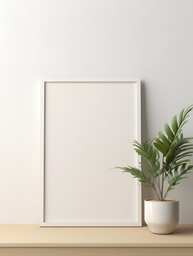 Empty photo frame mock up with green plant in a vase on beige wall