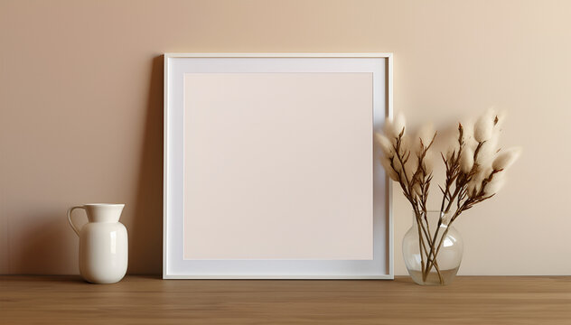 Empty photo frame mock up with dried flowers in a vase on brown wall