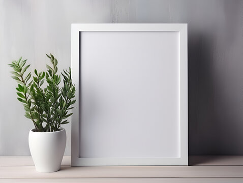 Empty photo frame mock up with green plant in a vase on grey wall