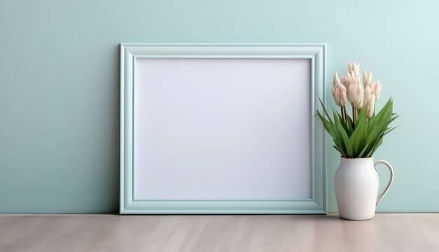 Empty photo frame mock up with flowers in a vase on blue wall