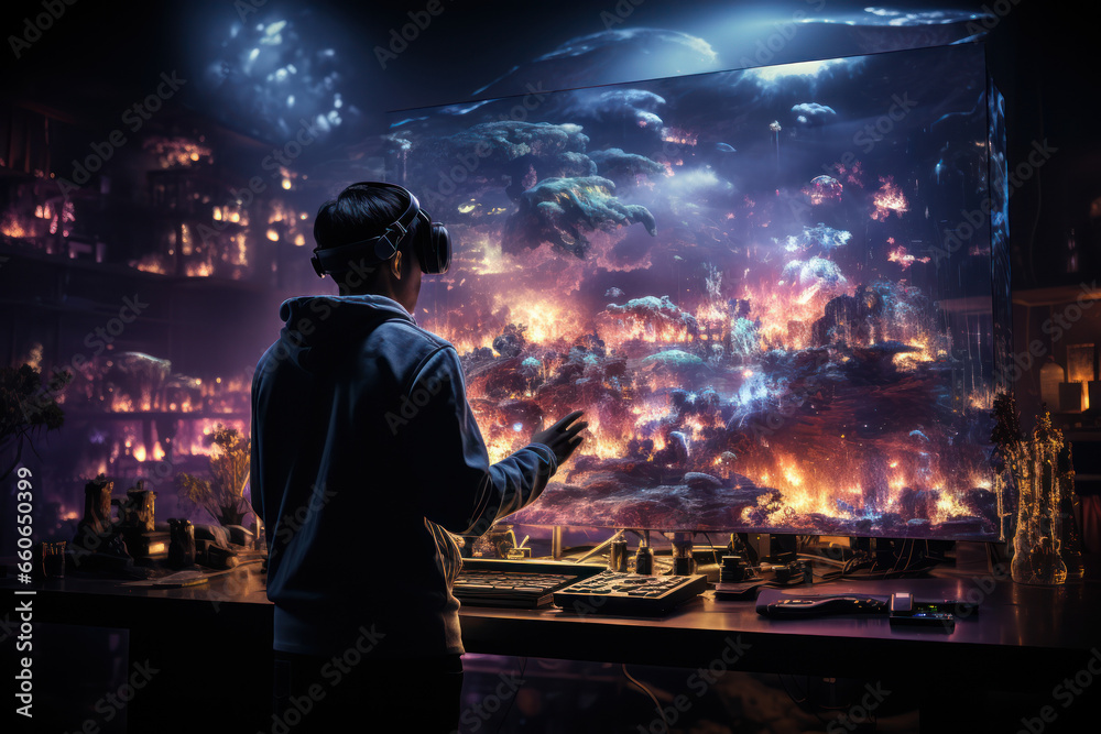 Poster a person exploring the virtual world of a computer simulation, blurring the boundaries between reali
