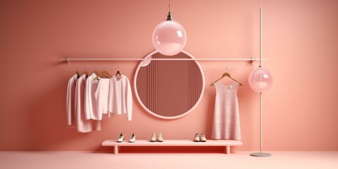 Fashionable Clothes on Hangers in a Minimalist Interior. Fashion Show Room Interior