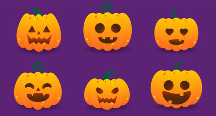 Halloween Pumpkin Lanterns on purple background vector illustration set