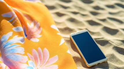 Beach towel with mobile phone