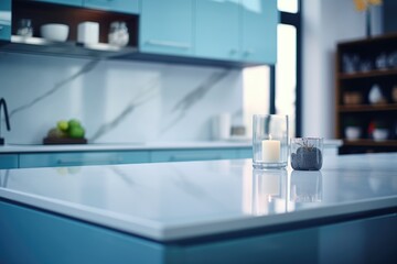 Details of a moden designer kitchen with white countertop. Home interior design ideas