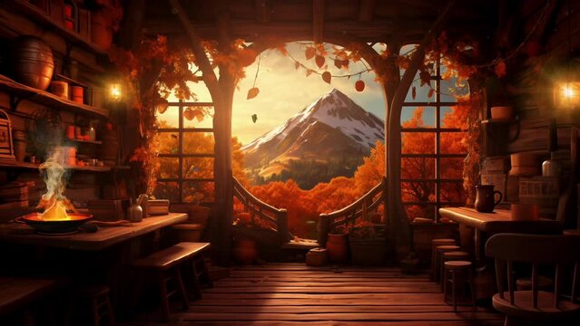 Retro Cozy Autumn Fantasy Porch with Blowing Fall Leaves, Distant Mountain, Steaming Mug, and Provisions. Looping. Animated Background / Wallpaper. VJ / Vtuber / Streamer Backdrop. Seamless Loop.