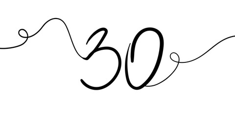 Number 30 line art drawing on white background. 30th birthday continuous drawing contour. Minimal vector illustration