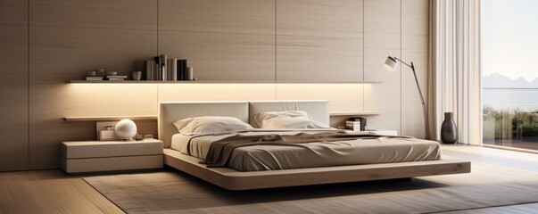 Banner with the minimalist; large space bedroom in natural light colors