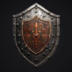 Rusty Medieval Shield with War Torn Effect Isolated on Black Background