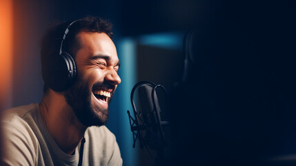 A podcast guest sharing a moment of laughter during the recording, podcast recording, blurred background, with copy space