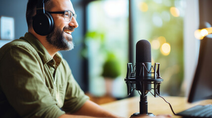 A podcaster passionately discussing a topic while recording, podcast recording, blurred background, with copy space - obrazy, fototapety, plakaty