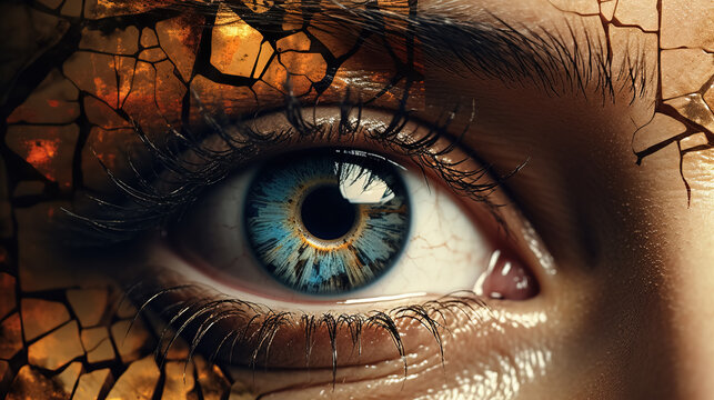 A close-up of a woman's eye with blue and gold iris. Her skin  appears damaged and cracked.