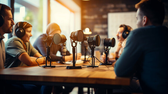 Podcasters having a brainstorming session before hitting the record button, podcast recording, blurred background, with copy space