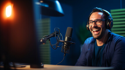 A podcast host reading from a script with passion and enthusiasm, podcast recording, blurred background, with copy space