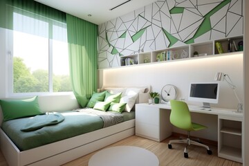 Modern small space bedroom interior for a student or young couple with contemporary furniture....