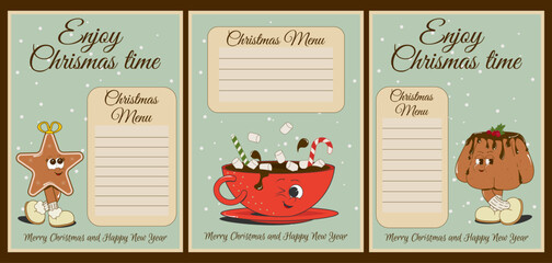 A set of retro posters trendy cartoon style Christmas menu.Cute, funny characters: ginger cookies, cocoa with sweets, Christmas cupcake for decorating cafes, restaurants. Vector illustration.