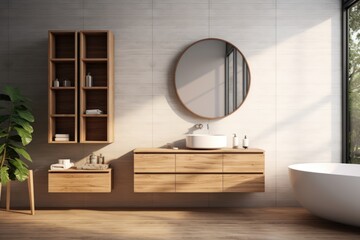 Wooden bathroom furniture. Elegant minimal bathroom interior design