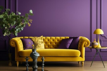 Decorated living room with a purple sofa against a yellow backdrop. Generative AI - obrazy, fototapety, plakaty